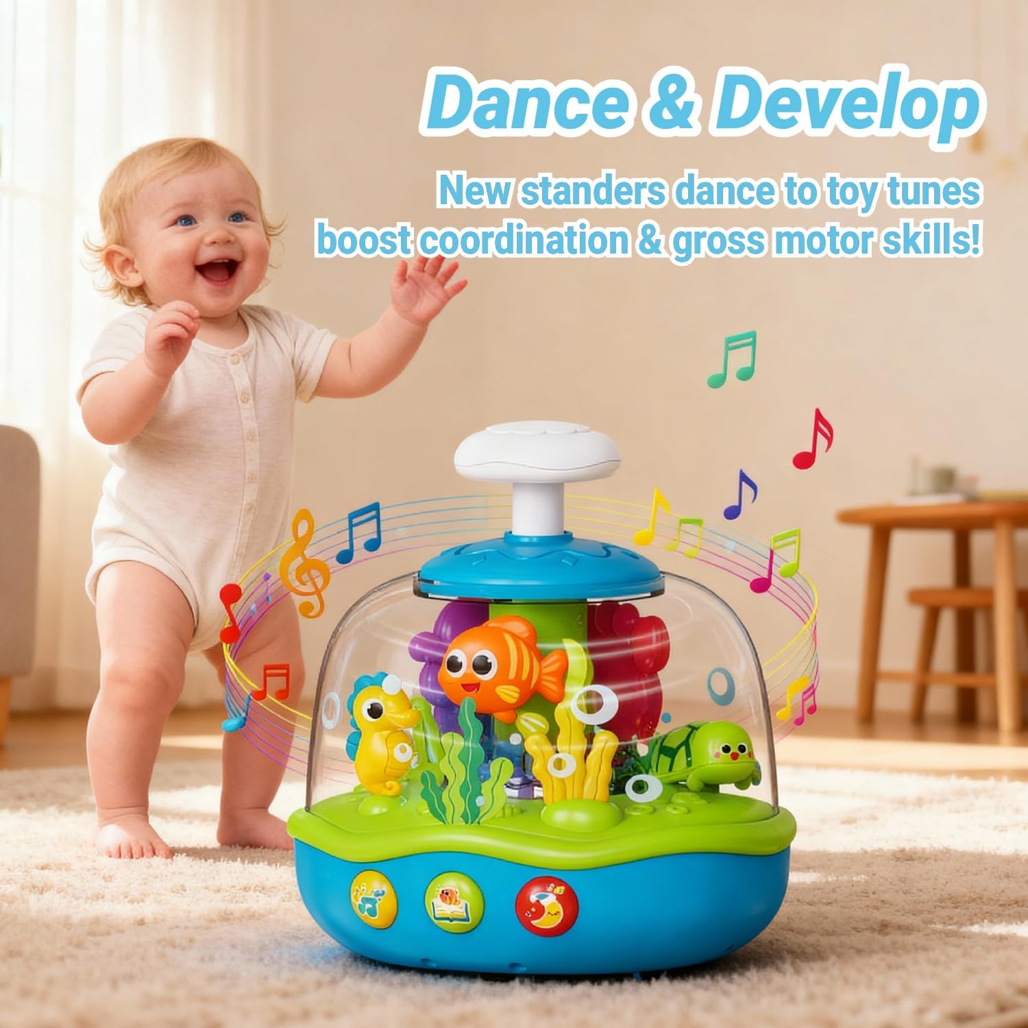 MoraBaby Baby Toys 6-12-18 Months, Press & Spin Aquarium Musical Light Up Toy | Bilingual Learning Educational Cause and Effect Toy for 1 Year Old Boy Girl, Christmas Birthday Gifts for 1-3 Year Old