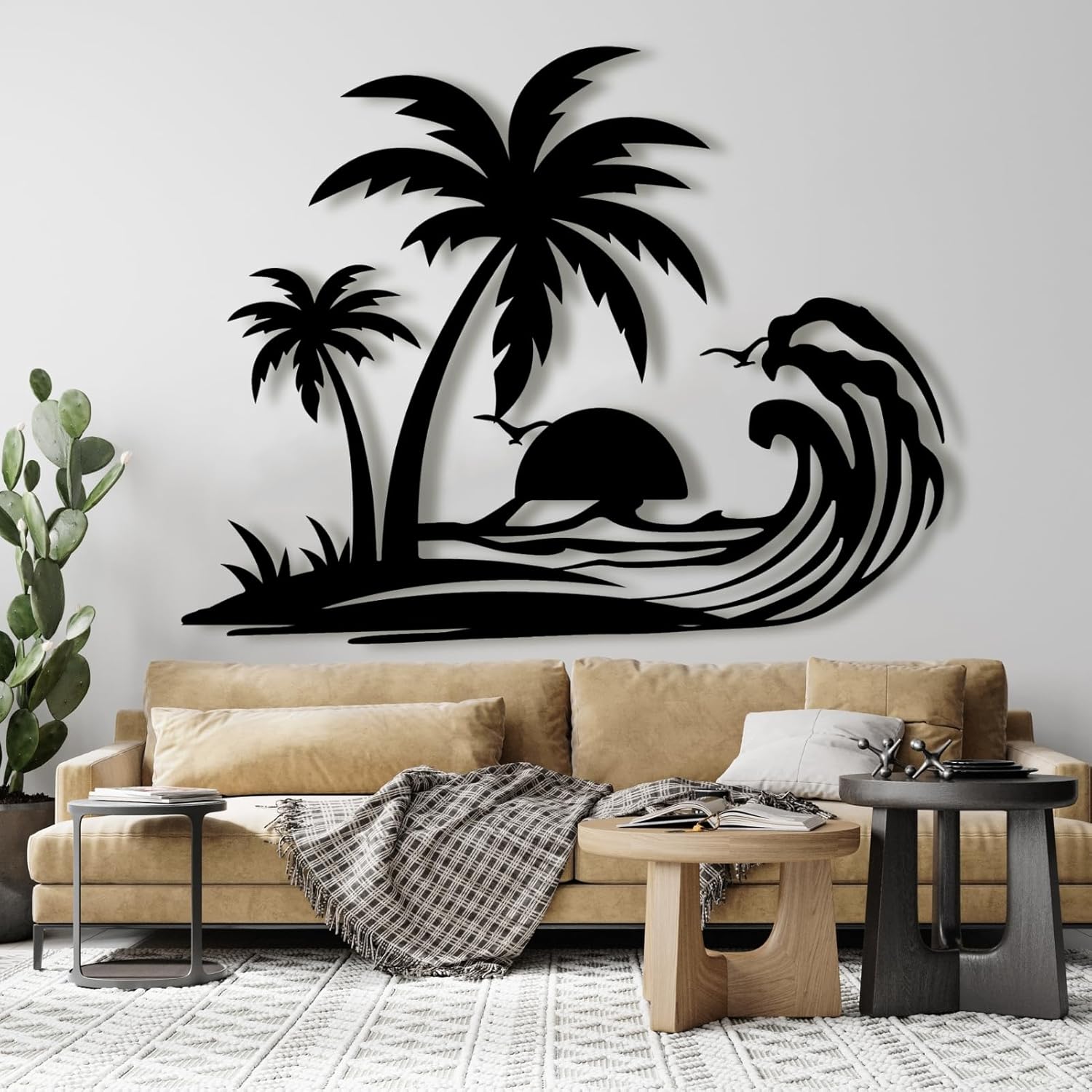 Lunwall Palm Tree Metal Wall Art, Tropical Beach Style, 19 L" x 14 W" / 47 x 37 cm, Black