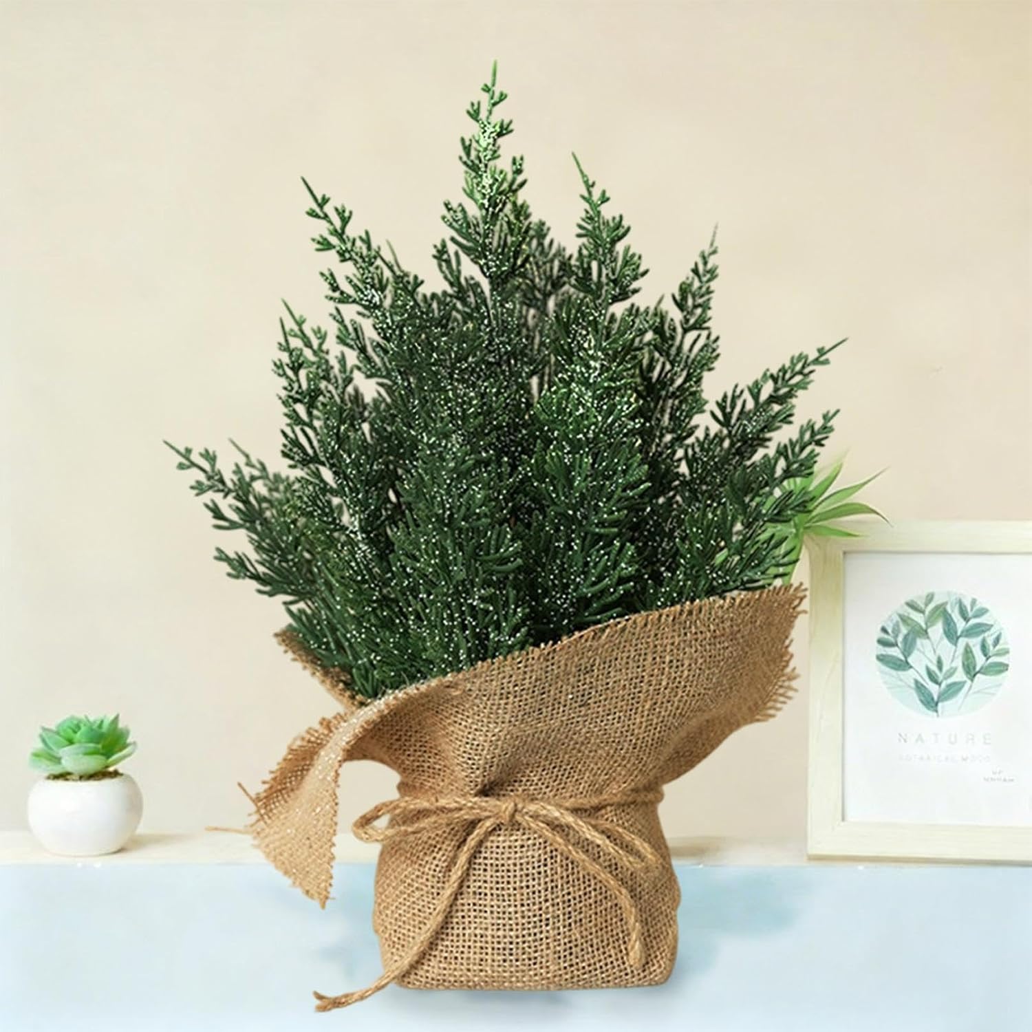 Mini Christmas Tree, Tabletop Christmas Tree 14In Artificial Snowy Pine Branches with Decorative Burlap Base Small Holiday Tabletop Centerpiece for Home Office Xmas Decor