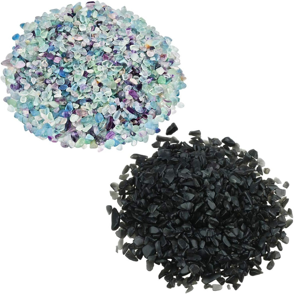 SUNYIK Fluorite/Black Obsidian Tumbled Chips Crystal Crushed Pieces Irregular Shaped 1pound(About 460 gram)