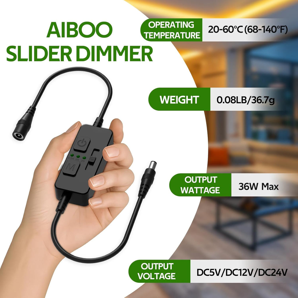 AIBOO Single Color Slider Dimmer with Timer - PWM 1pc DC 5V/12V/24V LED Controller, 36W Max, Slide Brightness Control & Auto-Off for LED Strip Lights, Closet, Counter, Aquarium Lighting (Black)