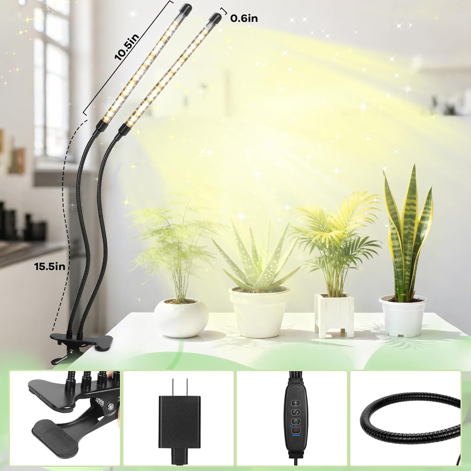 Led Grow Lights, 2 Heads Full Spectrum Plant Light with Clamp for Indoor Plants & Seed Starting, 10-Level Dimmable, Auto On Off, Timing 3 9 12Hrs