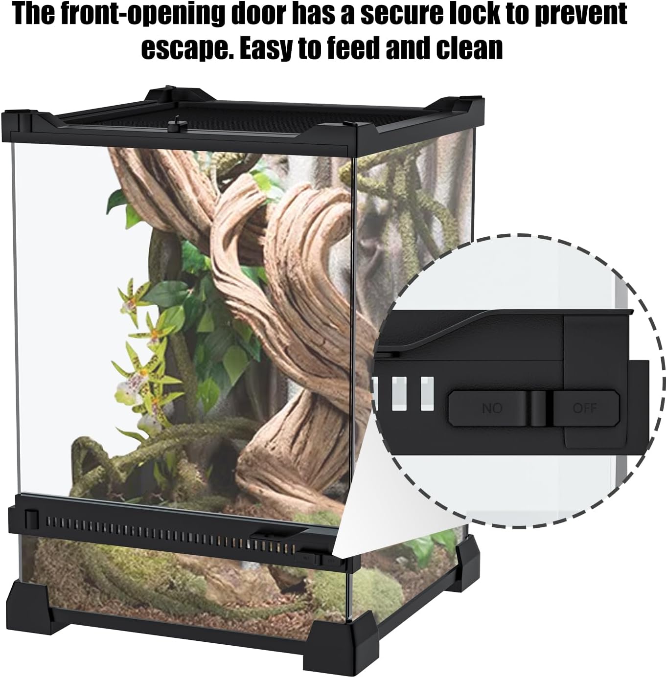 Reptile Terrarium 8"x8"x12" Mini, Front-Opening Glass Tank with Mesh Lid & Lock, 360° Glass Enclosure for Small Reptiles, Frogs, Tarantulas, Jumping Spiders & Geckos