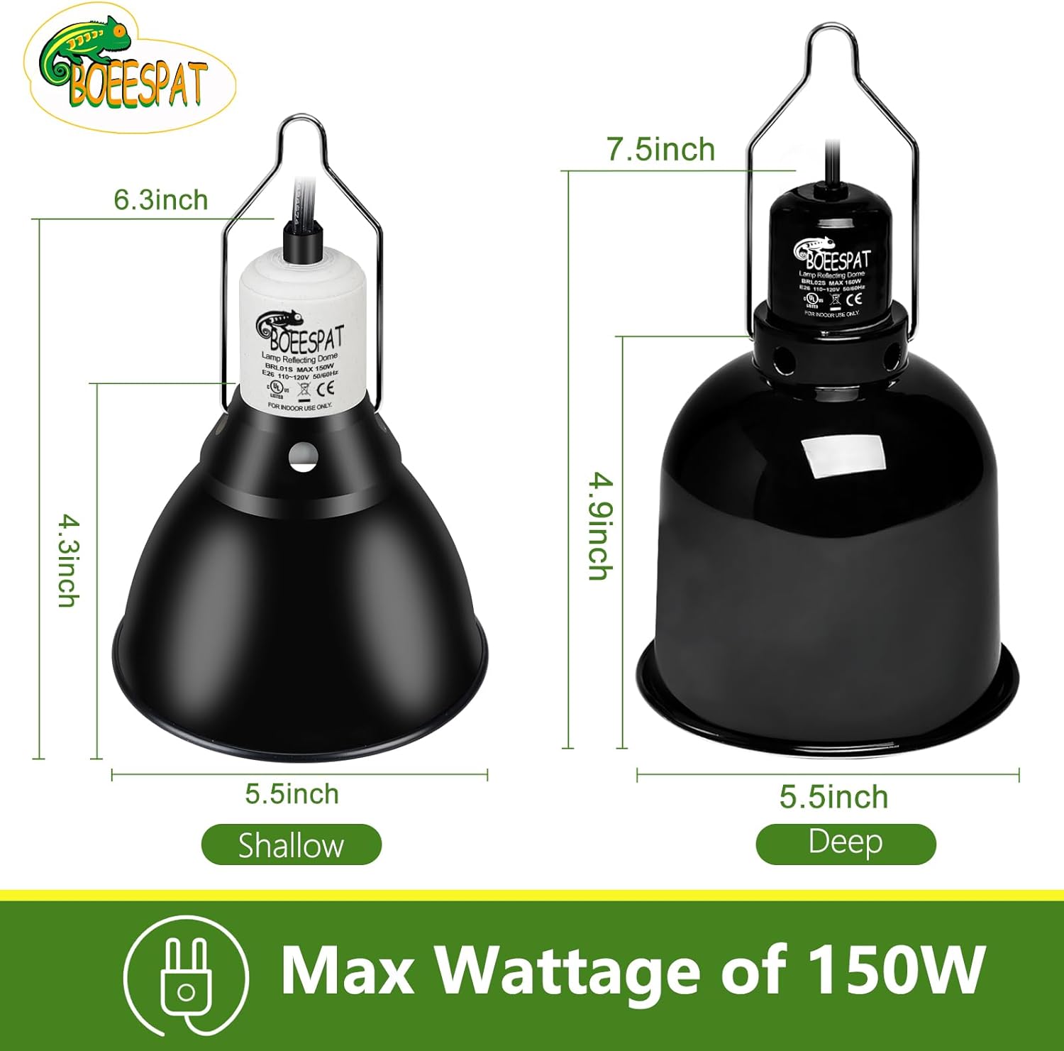 Reptile Light Fixture 5.5 inch Deep Dome with Switch, Optical Reflecting Cover for UVB/UVA Basking Bulbs & Ceramic Heat Emitters