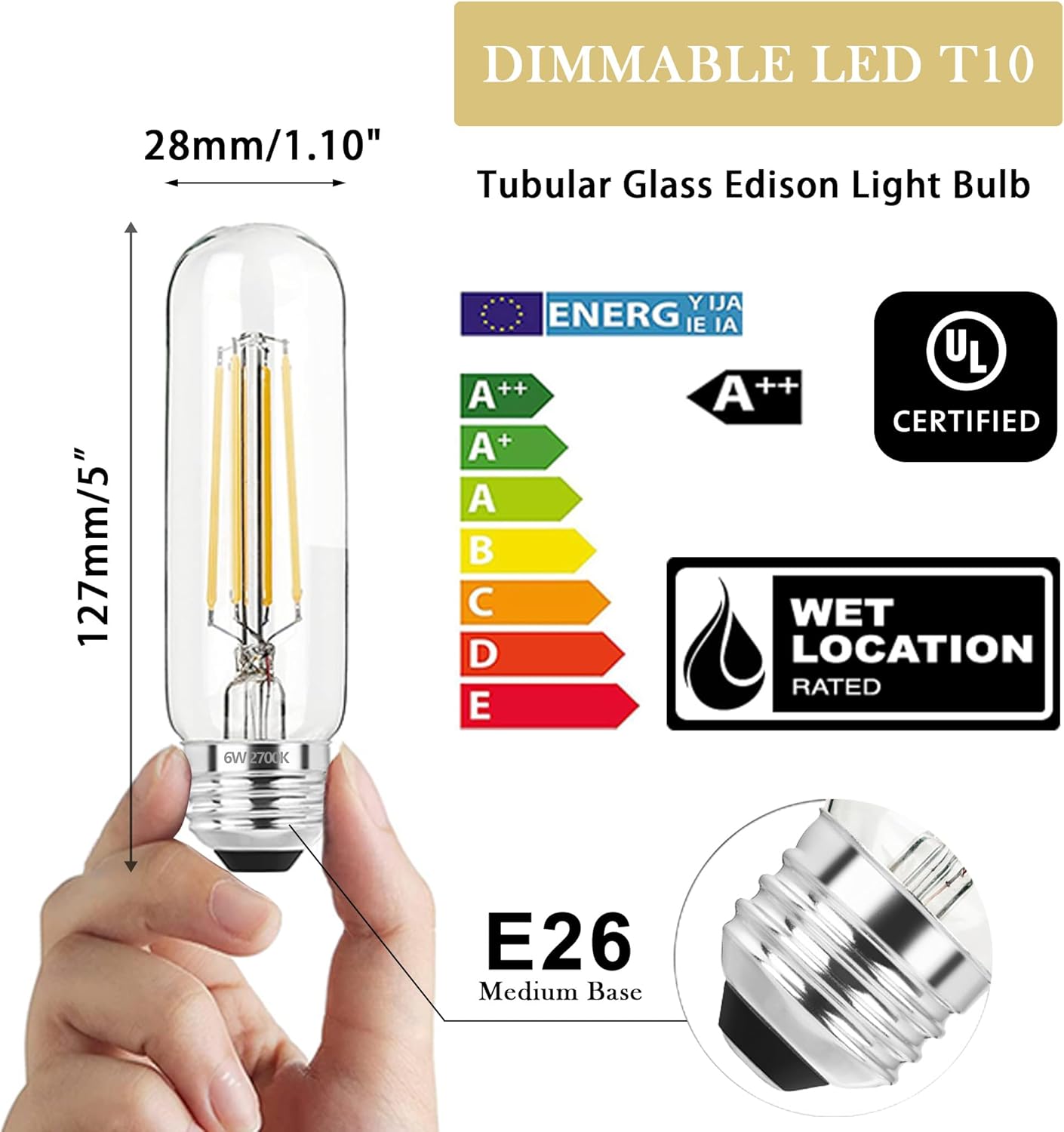 5 Inch Edison Bulb, 2700K Soft White E26 Led Bulb 6W Dimmable, 800LM T10/T9 Clear Glass Tubular Light Bulbs, AC 120V Equal 80 Watt Bulbs for Chandelier Pendant Wall Light - 4Pack