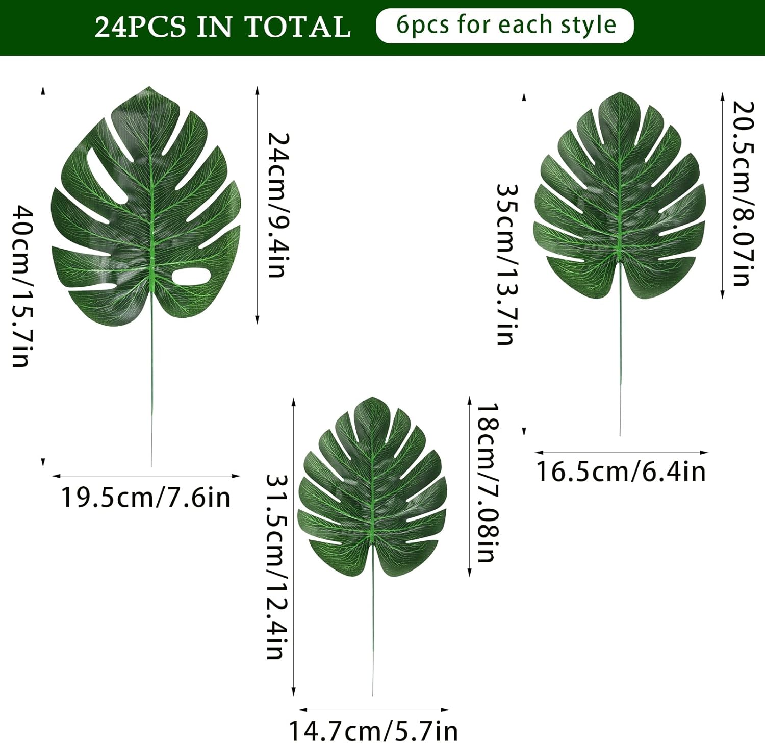CCINEE 24PCS Green Artificial Palm Leaves, Faux Monstera Leaves Simulation Safari Leaves with Stems for Home Hawaiian Luau Party Jungle Beach Theme Party Decoration