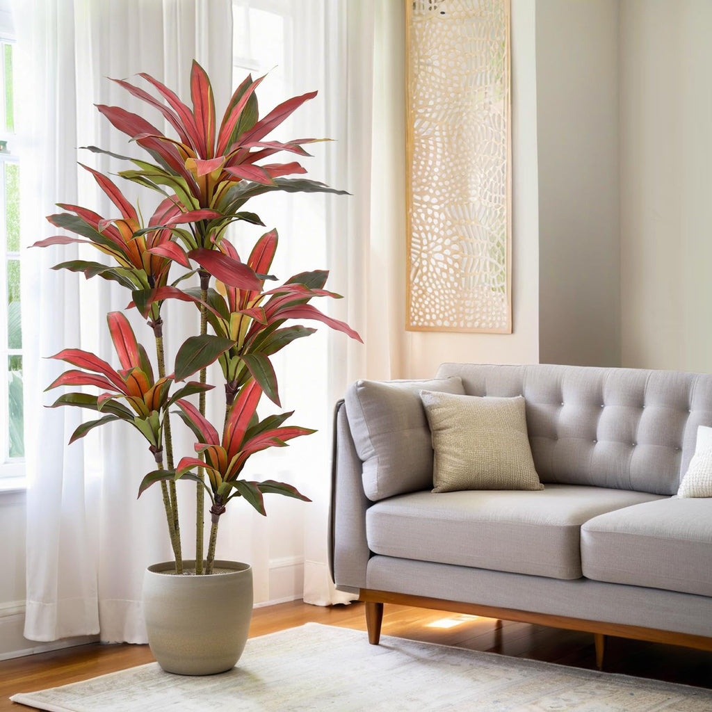 Artificial Dracaena Tree 5ft(60in) Tall Large Faux Silk Plants with Realistic Trunks and Red Leaves, Fake Floor Potted Artificial Plants for Home Office Indoor Decor (5feet,1Pack)