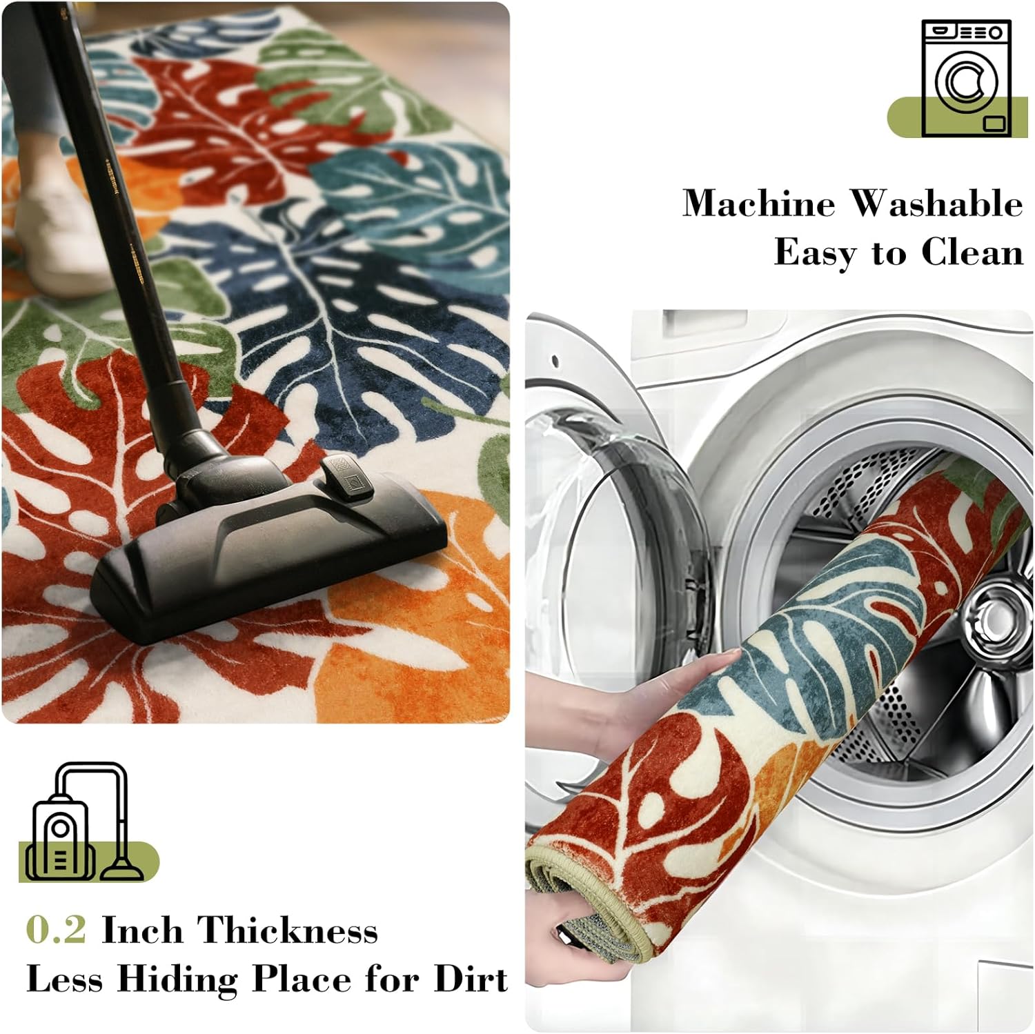 Wonnitar Monstera Colorful 3x5 Rug, Washable Tropical Leaf Entry Rug Indoor, Non-Slip Living Room Throw Carpet, Non-Shedding Low Pile Abstract Forest Floor Mat for Bedroom Kitchen Bathroom
