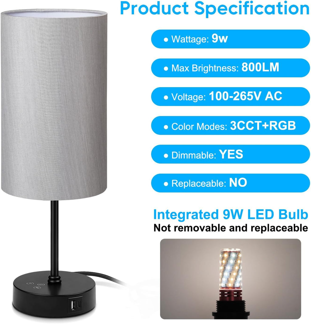 Unicozin 17Inch Table Lamp, 3 CCT 3000K/4500K/6500K & RGB Color Changing, Stepless Dimmable Bedside Lamp for Reading, Ambience Nightstand Light for Home Decor Party, Grey Shade