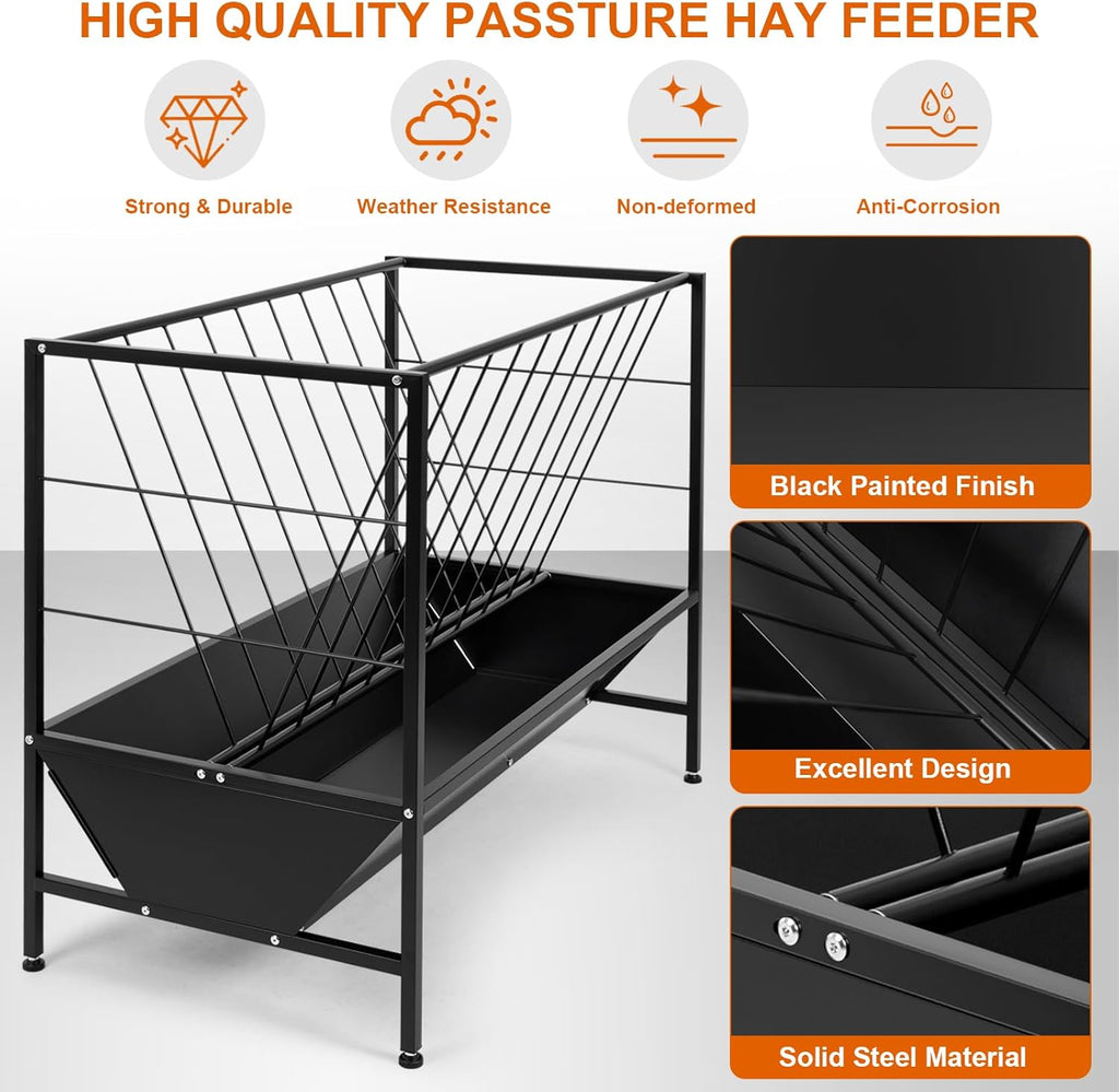 Pasture Hay Feeder 50 Gallon, Heavy Duty 2-in-1 Livestock Feeder, Hay Grain Feeding with 30 Gallon Feed Pan, Black Powder Coated Surface Steel Livestock Feeder for Sheep, Calf, Cow and Horse