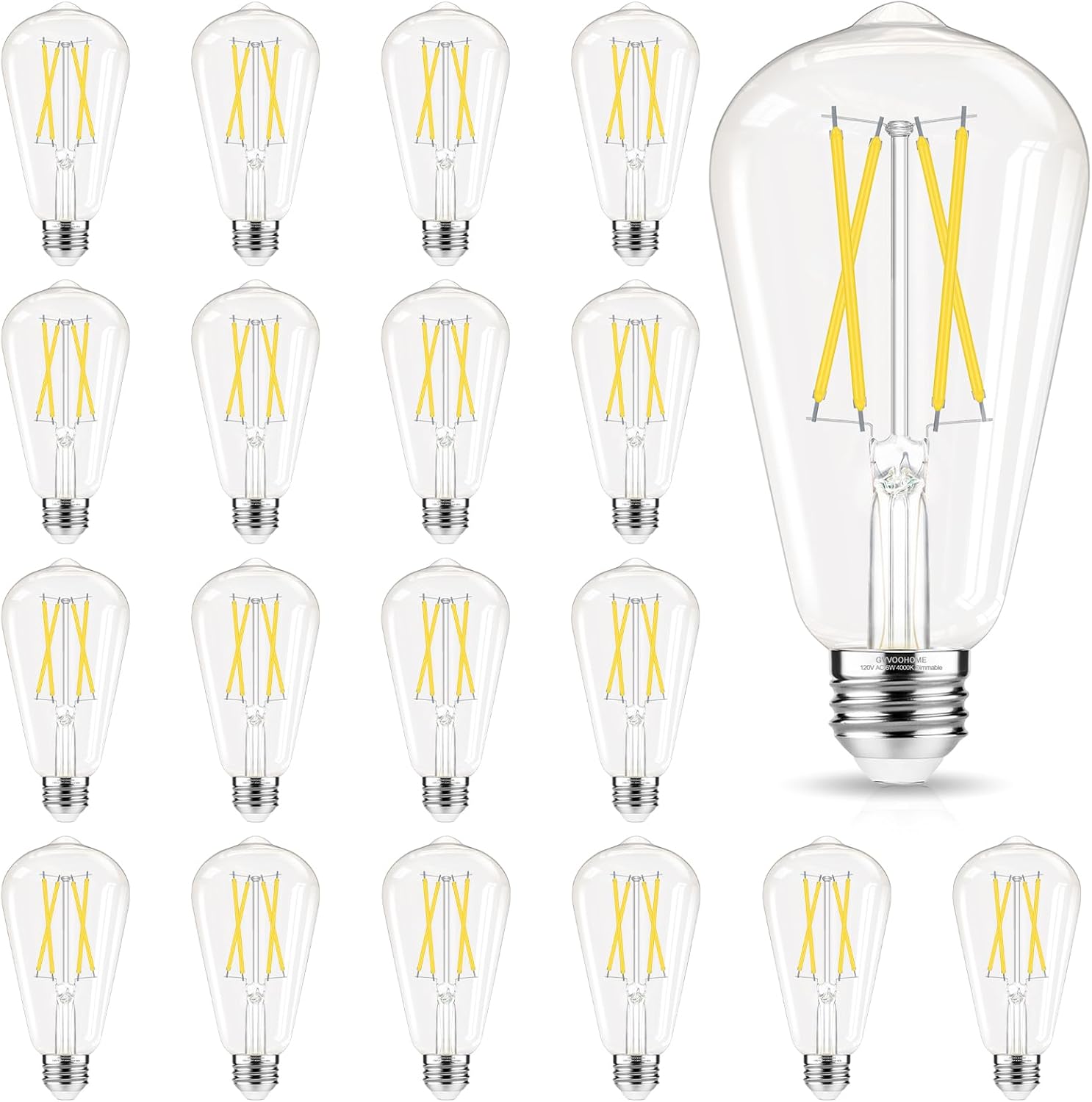 Edison Bulbs 60 watt Equivalent LED, E26 Bulb Dimmable, Cool White 4000K, ST58 Vintage Light Bulbs, 90+ CRI, 6W 600LM, E26 Medium Base, Clear Glass, 18 Pack