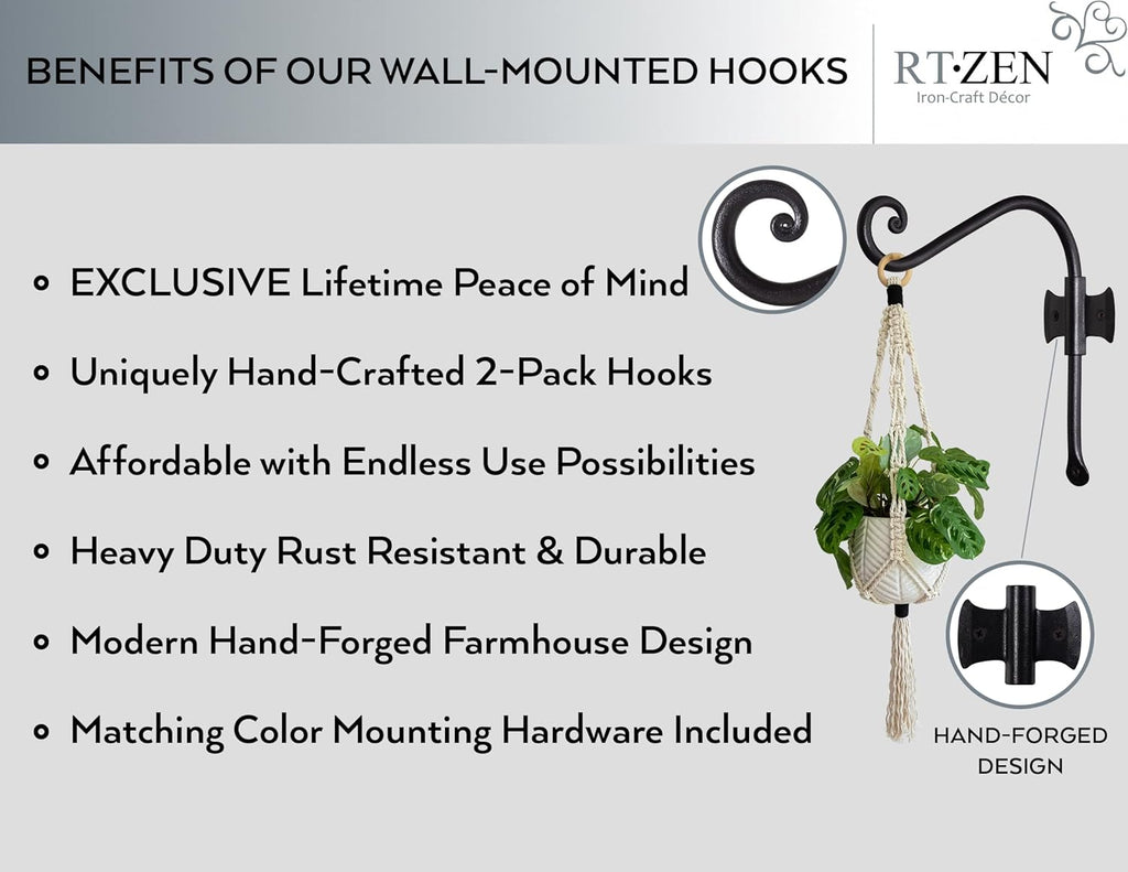 RTZEN Plant Hangers Indoor or Outdoor - Wrought Iron Metal Hanger Indoor Hook - Heavy Duty Wall Bracket Hooks for Hanging Plants Baskets Lanterns Wind Chimes - 2 Pack (Black Axe-Shape Hooks)