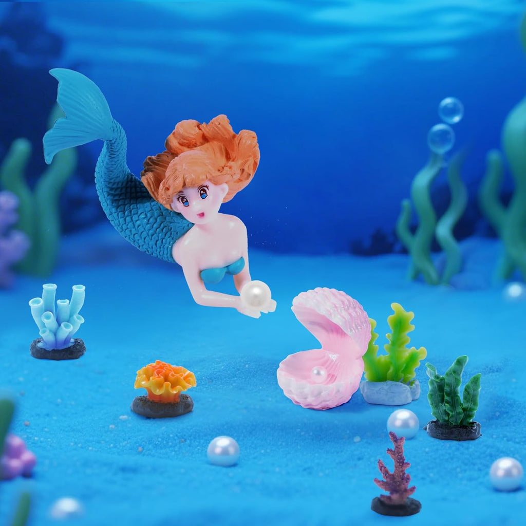 20pcs Mini Mermaid Figurines Aquarium Decorations Set with Coral and Shell Ornaments, Mini Ocean Resin Animals for Fish Tank Aquarium