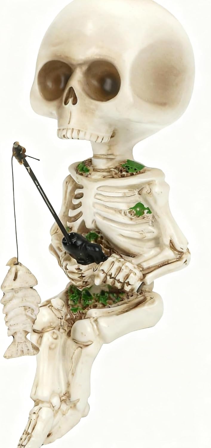 Cute Funny Skeleton Fishing Figurine,Halloween Christmas Decor, Versatile Skull Accessory for Fish Tank, Garden Pond, Desk & Bookshelf