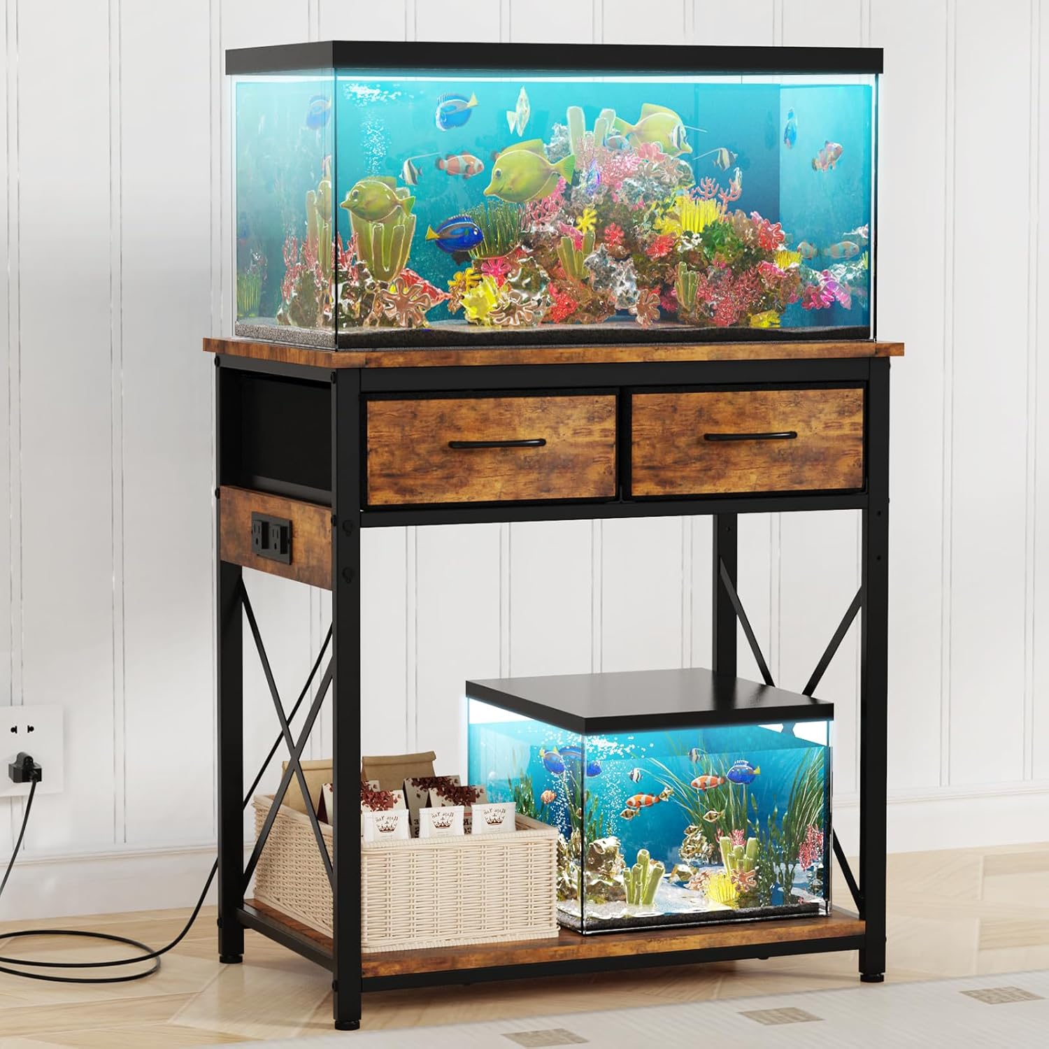 TFK 20-29-37Gallon Fish Tank Stand with Power Outlet, Heavy Duty Metal Aquarium Stand with Two Storage Drawers for Fish Tank Accessories Storage, Perfect for Turtle Tank, Reptile Terrarium, Brown