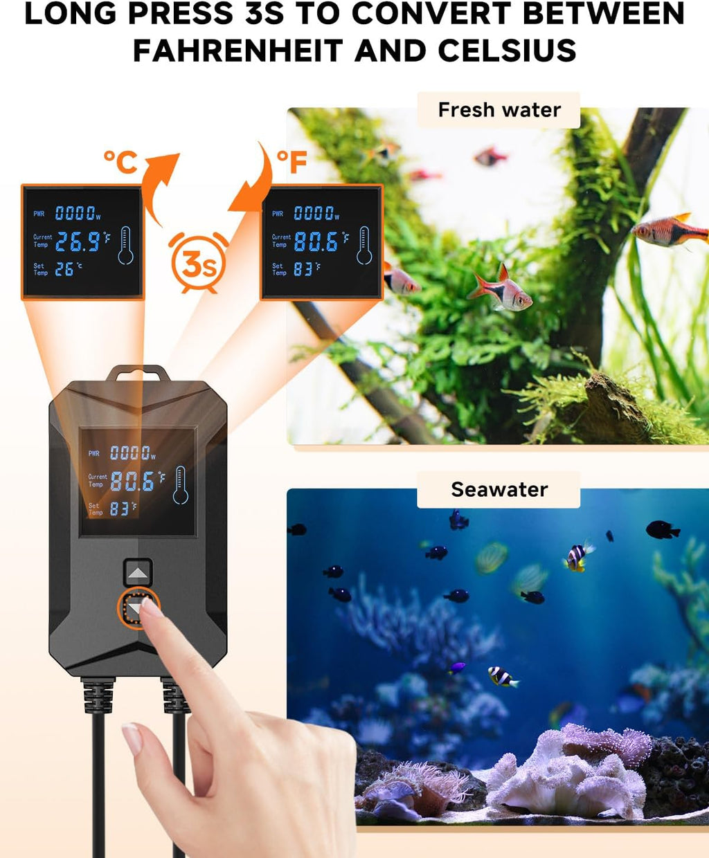 AQQA Aquarium Heater 800W/1000W/1200W/1400W Fish Tank Heater with LED Digital Display 110-120V Submersible No Pond Heaters with Overheat & Dry-Out Protection for Freshwater & Saltwater Tanks (800W)