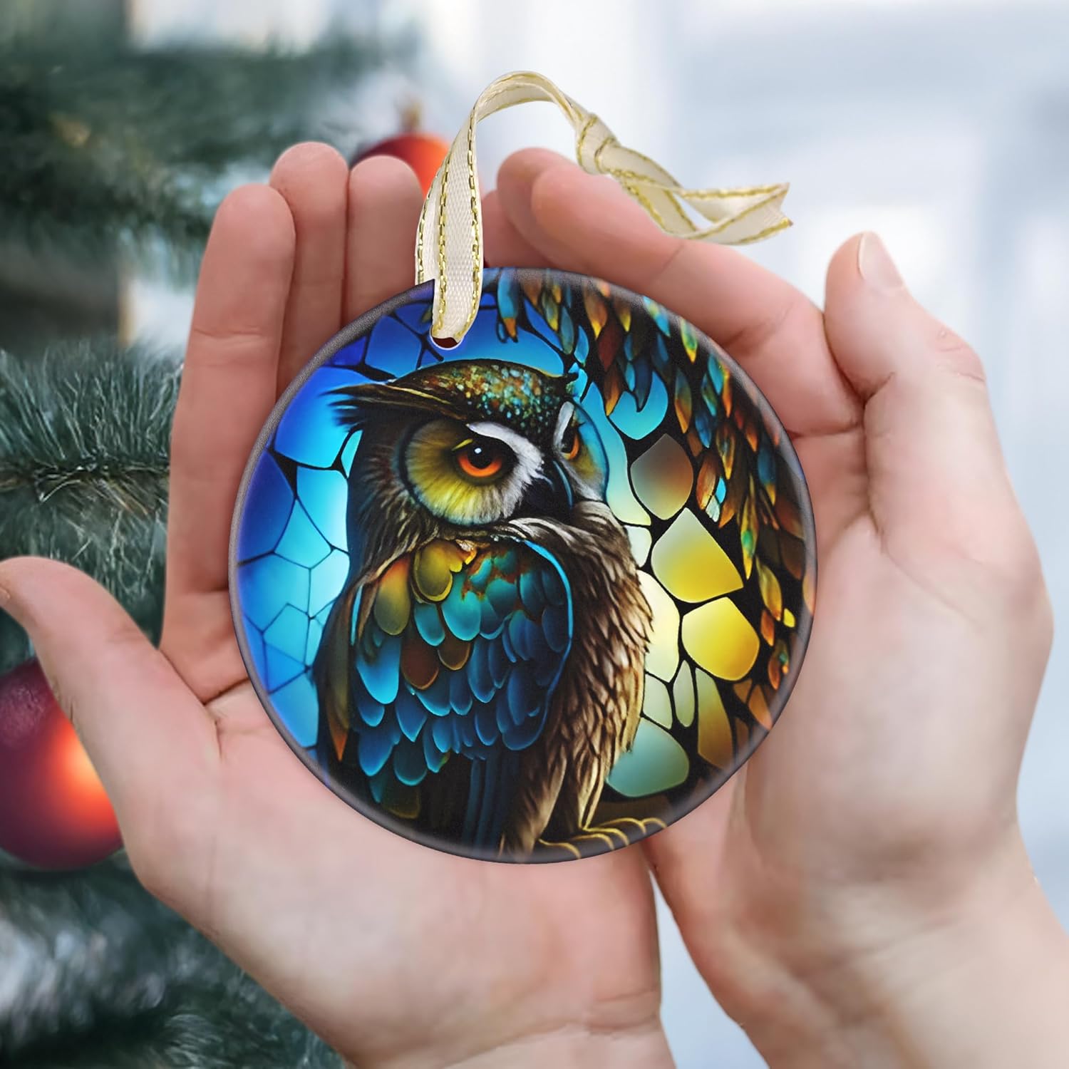 2025 Christmas Ornament - Christmas Tree Decoration, Round Ceramic Holiday Decor - Gift Idea for Friends, Exchange - Owl Theme