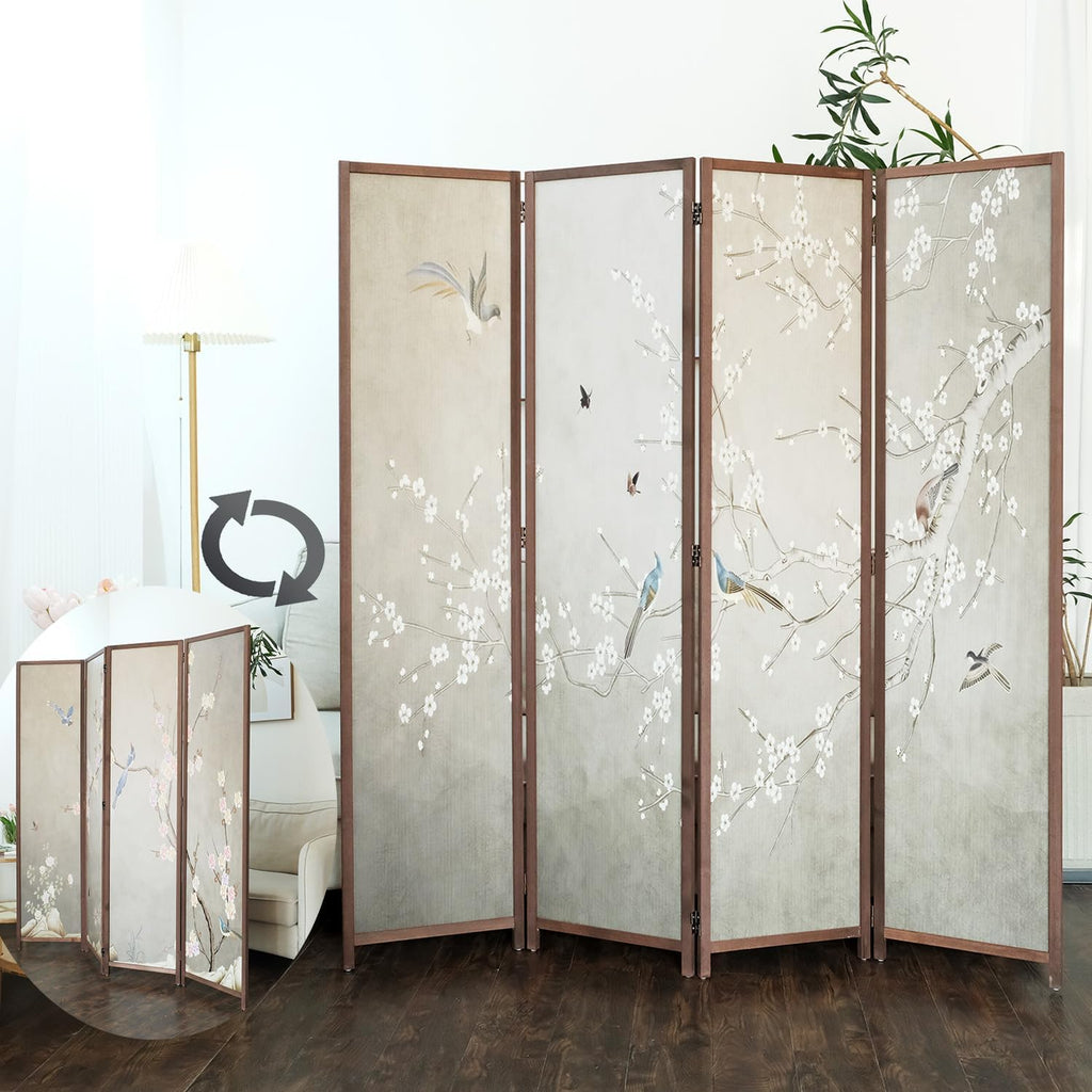 4 Panel Room Divider Screen,Double Faced Blackout Panel Divider Folding Panel Screen Divider for Room Separation,Plums and Birds,67" H x 63" W