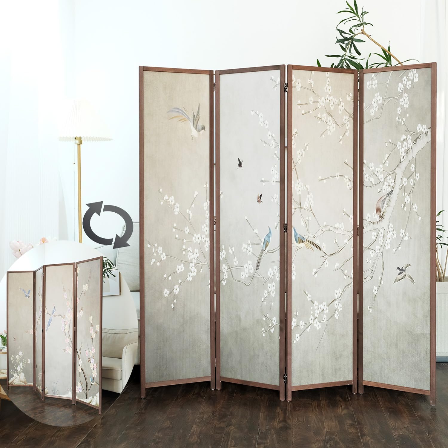 4 Panel Room Divider Screen,Double Faced Blackout Panel Divider Folding Panel Screen Divider for Room Separation,Plums and Birds,67" H x 63" W