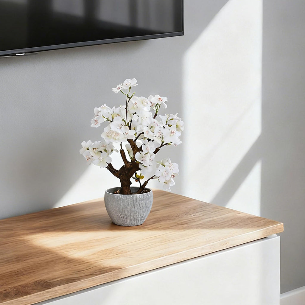 TOARTi Artificial White Cherry Blossom Potted Plant with Stone Pot, 12.6" Fake Flowers Potted Faux Plant Desk Decor, Realistic Decorative Plants Indoor Decor for for Home Bedroom Bathroom Office Desk