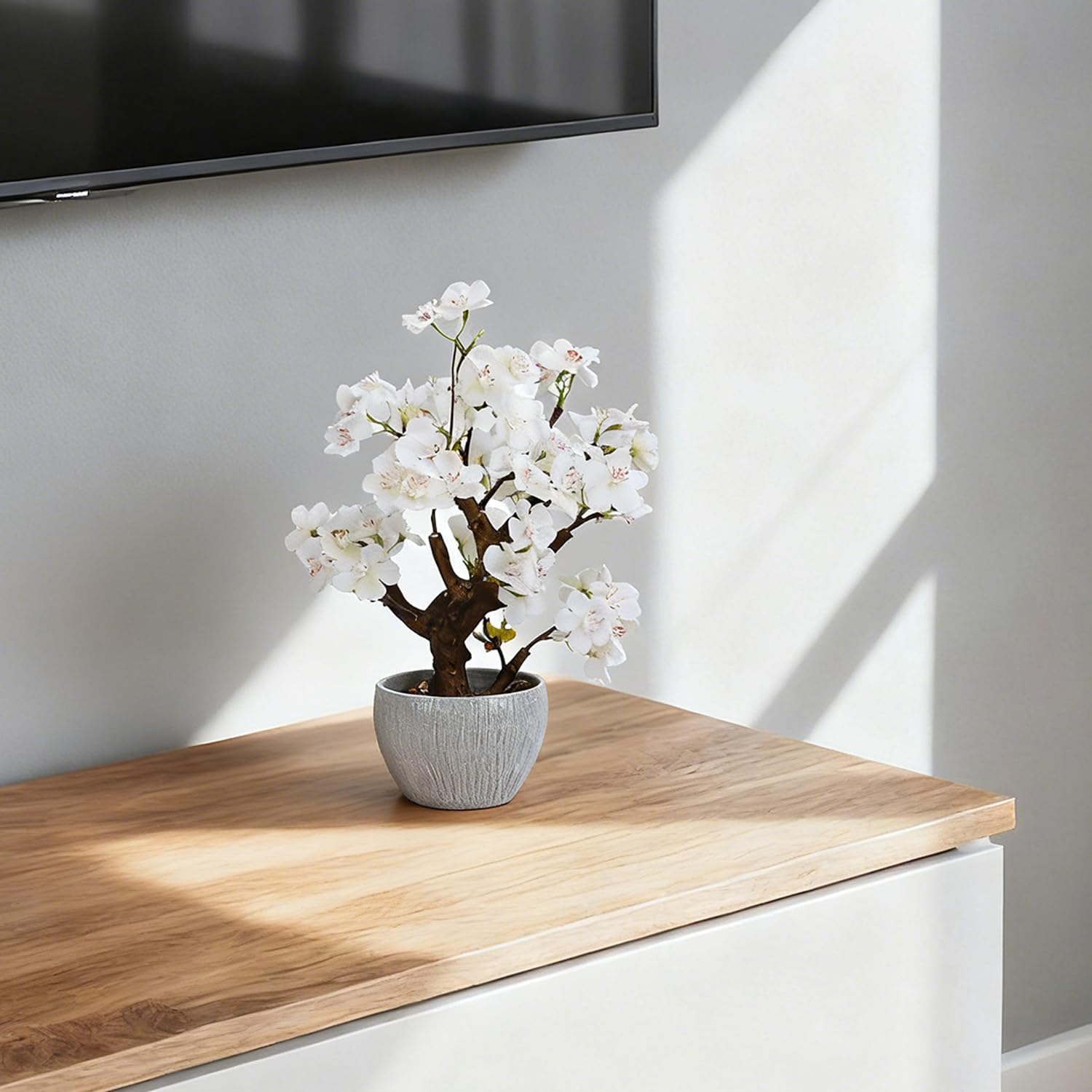 TOARTi Artificial White Cherry Blossom Potted Plant with Stone Pot, 12.6" Fake Flowers Potted Faux Plant Desk Decor, Realistic Decorative Plants Indoor Decor for for Home Bedroom Bathroom Office Desk