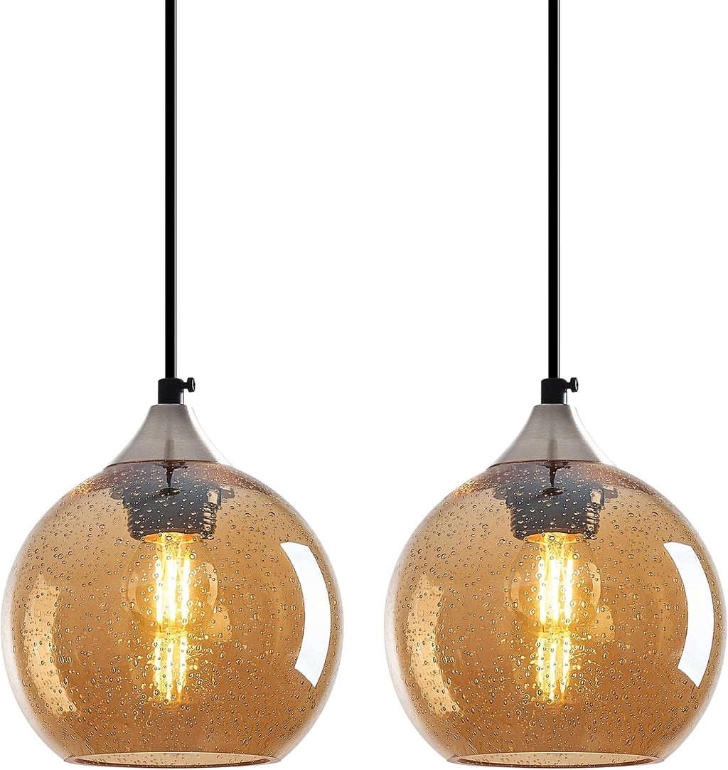 Amber Glass Pendant Lights Kitchen Island Globe Pendant Light Fixtures Modern Pendant Lighting for Bedroom Living Dining Room Light Fixture (5.9 in, 2 Pack)
