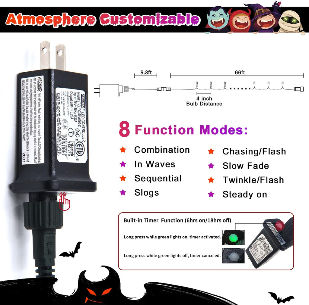 JMEXSUSS 200 LED Orange and Purple Halloween Lights, 66ft Connectable Halloween Lights Outdoor Waterproof, 8 Modes Plug in String Light for Tree Yard Garden Indoor Outdoor Decor