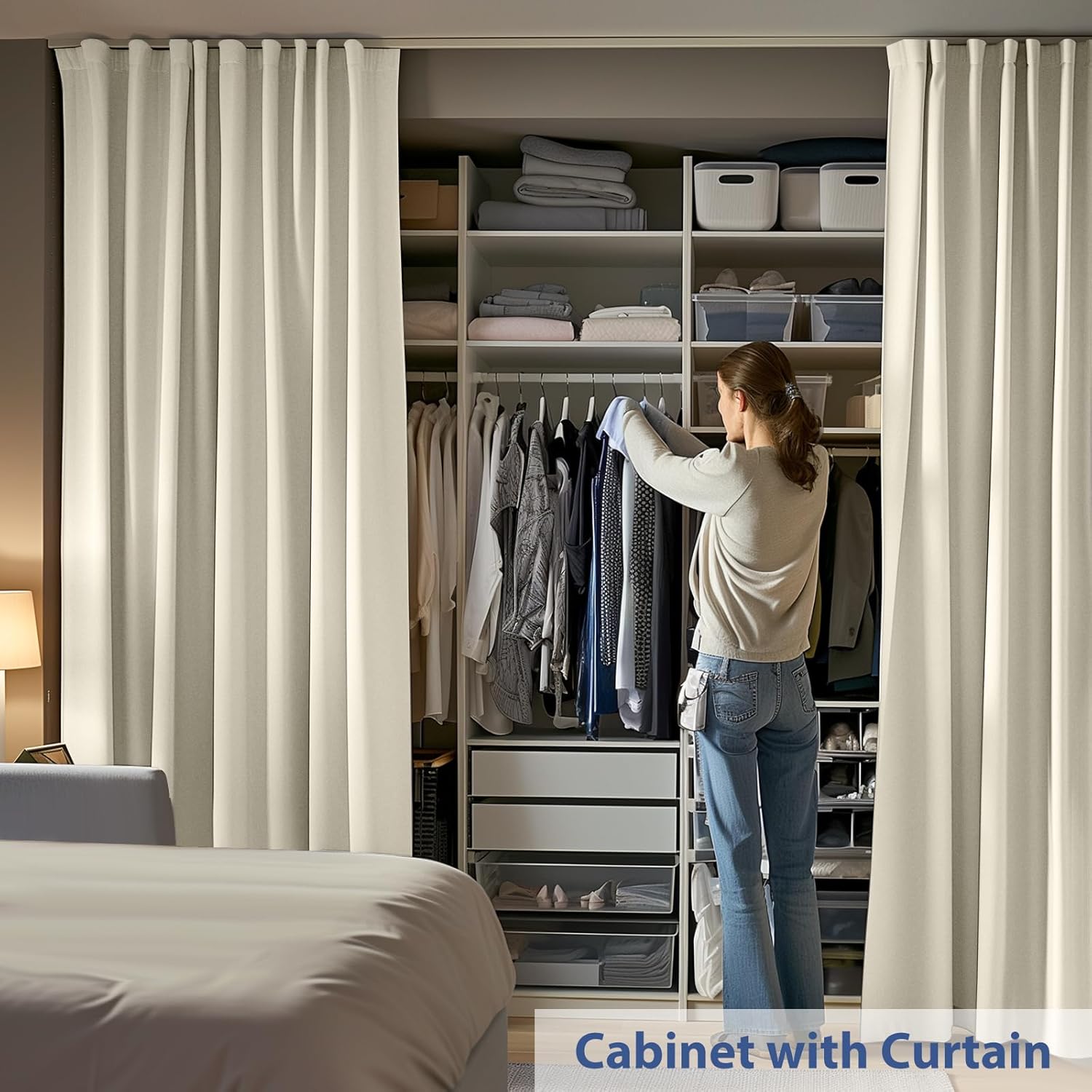 Room Divider Ceiling Mounted Curtains Track Sets Extra Wide Blackout Curtain Flexible Tracks for Bedroom Privacy Partition Separator, 1 Panel Beige Drape and White Rail, W15 x H7ft