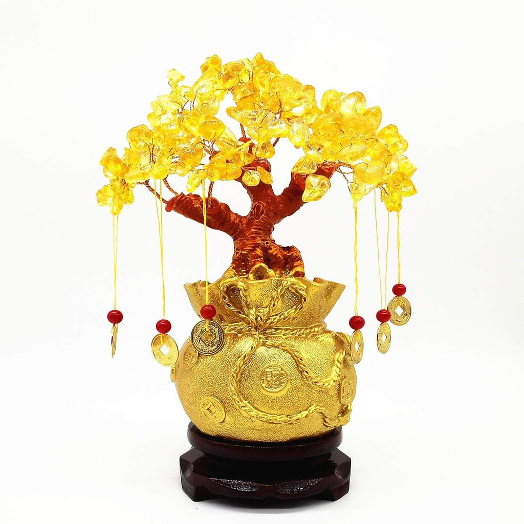 Feng Shui Yellow Quartz Crystal Tree, Bonsai Style Money Trees Decoration for Luck and Wealth (Purse)
