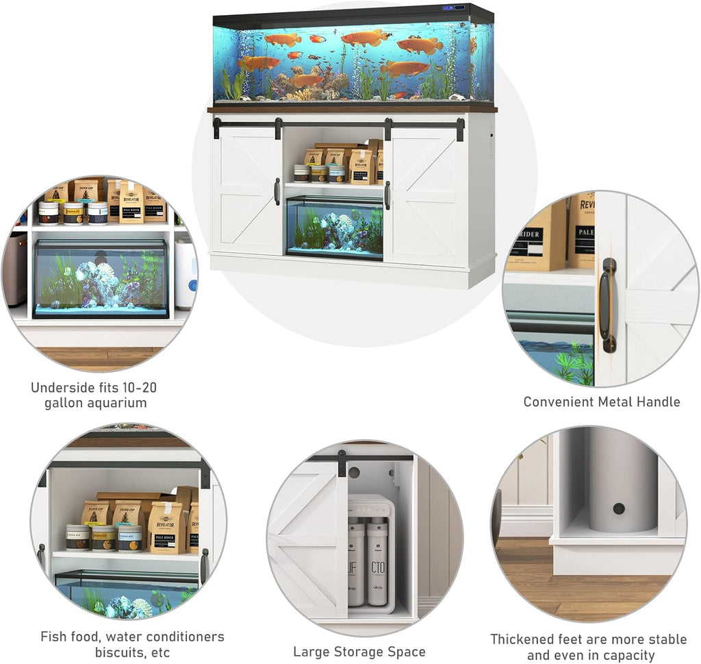 Farmhouse 55-75 Gallon Fish Tank Stand with Power Outlet, Aquarium Stand w/Cabinet&Sliding Barn Door, Heavy Duty Reptile Tank Stand for Fish/Turtle/Reptile Terrarium, 880LBS Capacity, White