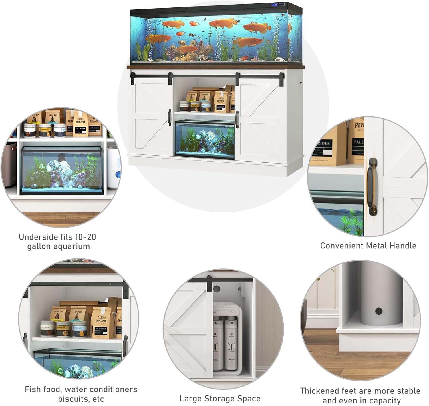 Farmhouse 55-75 Gallon Fish Tank Stand with Power Outlet, Aquarium Stand w/Cabinet&Sliding Barn Door, Heavy Duty Reptile Tank Stand for Fish/Turtle/Reptile Terrarium, 880LBS Capacity, White
