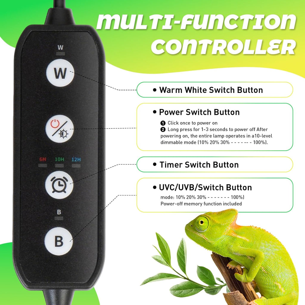 Reptile UVB Light & Heater Lamp, 18W UVA/UVB LED Reptile Light for Bearded Dragons, Chameleons, Turtles, Lizards, Geckos, Snakes, Adjustable Timer, Dimmable with 3 Lighting Modes