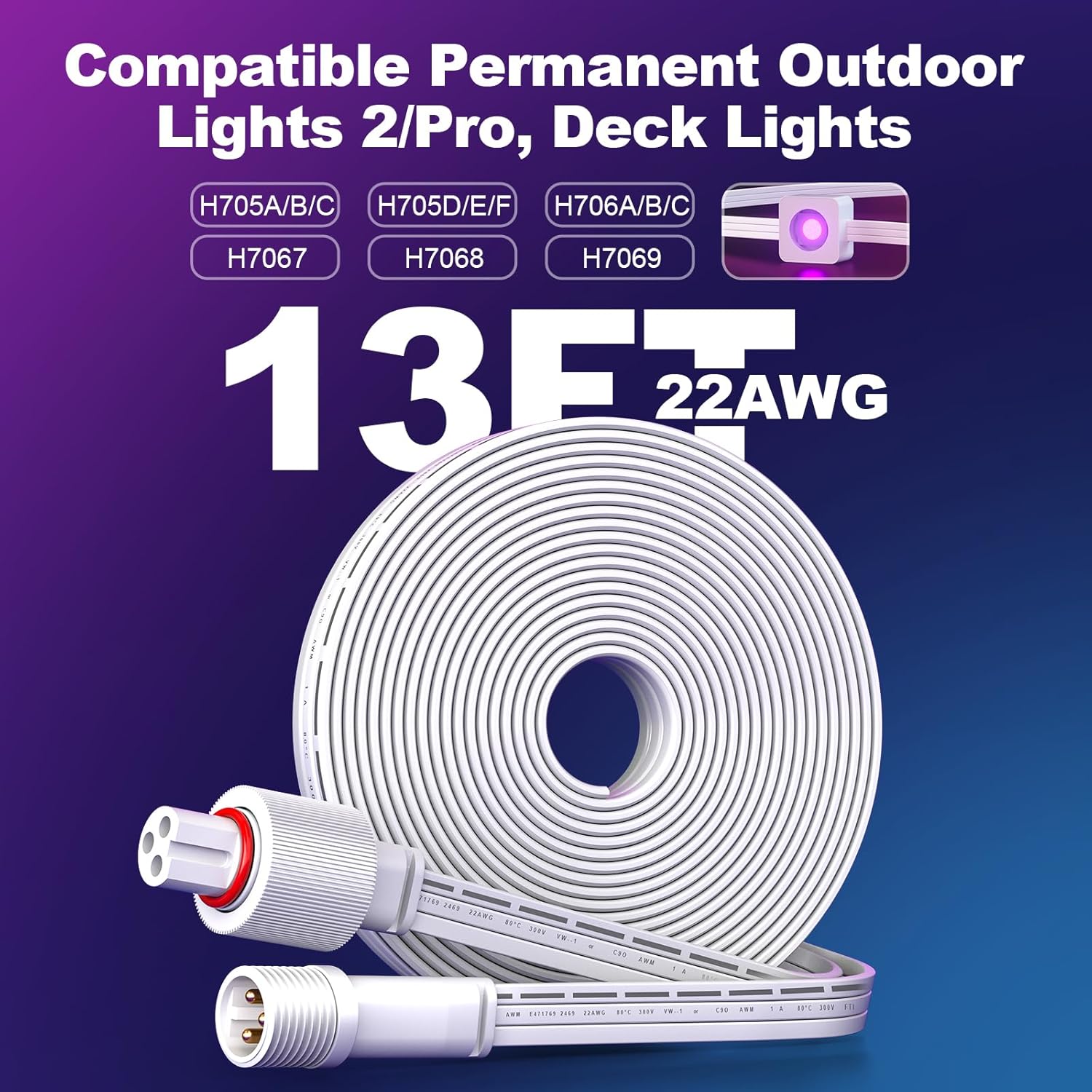 13Ft Extension Cable for Go-ee Permanent Outdoor Lights Pro, Deck Lights, IP68 Waterproof Extension Cord Compatible with Go-ee H706A H706B H706C,H705D/E/F, H7067 H7068 H7069(White 13FT)