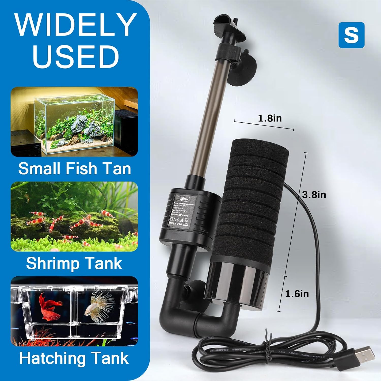 hygger USB Single Sponge Filter, Small Aquarium Filter with Adjustable Hanging Clip and Suction Cup, Duckbill Outlet, Rain Pipe Outlet, Extra Spare Sponge