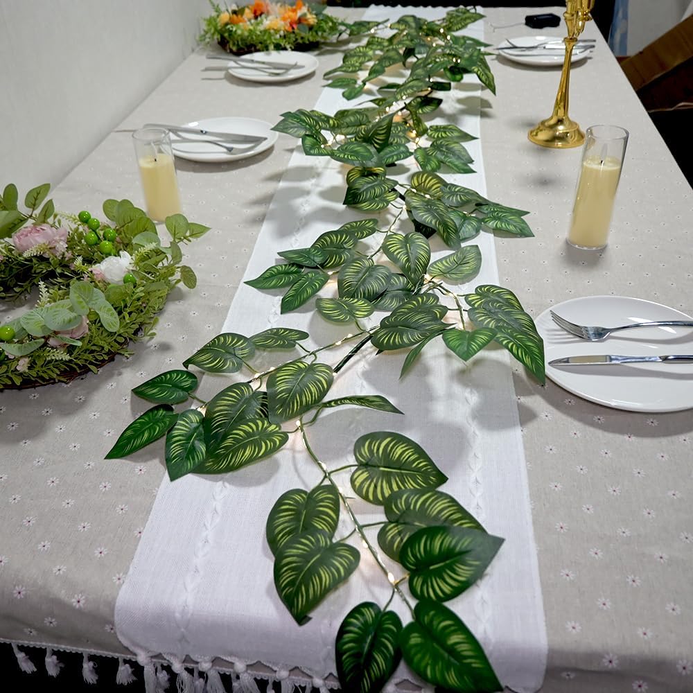 6.56FT Green Vines Garland with Lights 96 LED Battery Operated with Timer Faux Photos Vines Twig with Lights Spring Garlands Decortions for Mantel Fireplace Table Wall Patio Wedding Holiday Home Decor