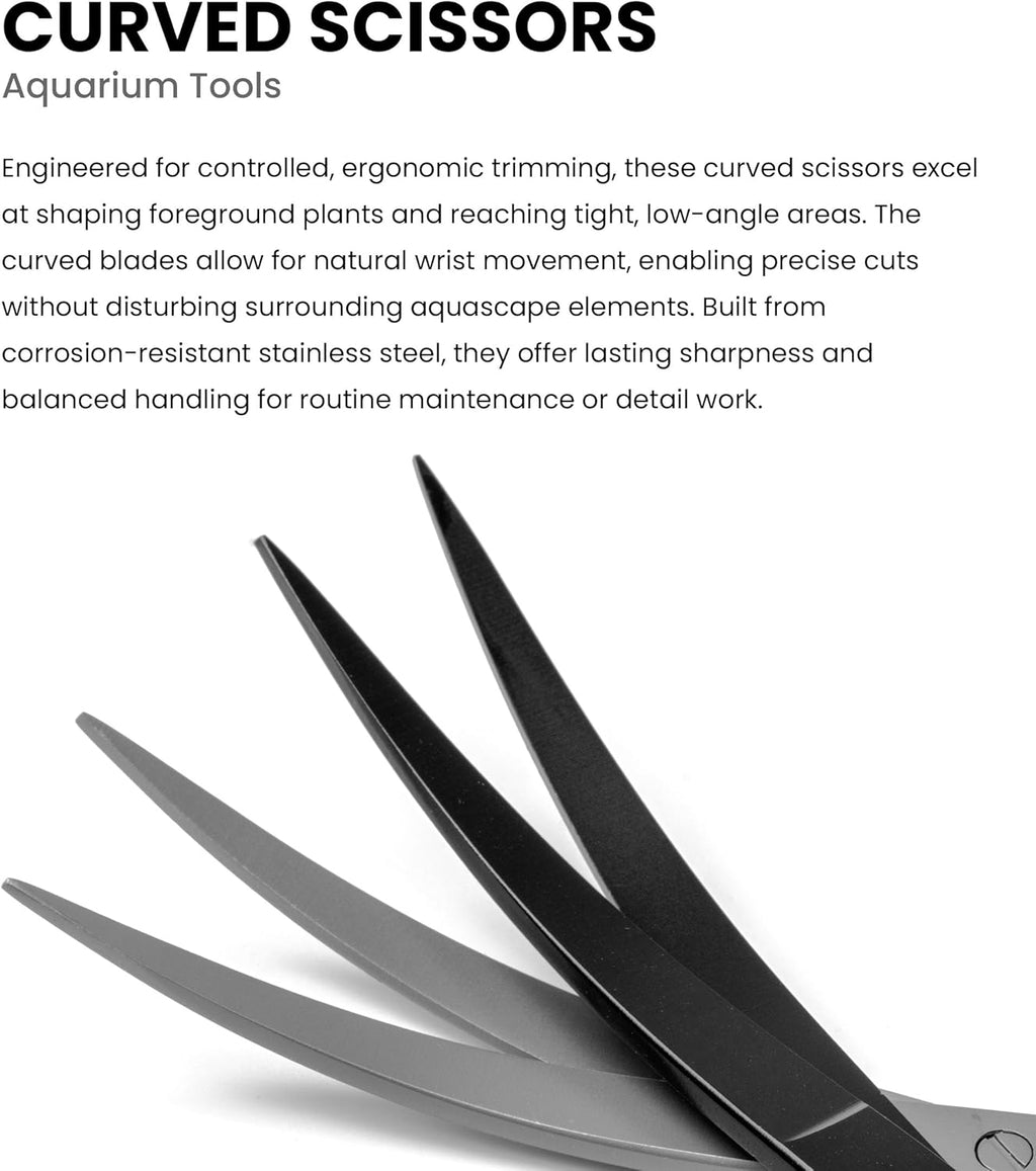 UNS Aquascaping Tools - Stainless Steel, Rust Resistant, Freshwater Planted Tank, Saltwater Reef Aquarium Maintenance Accessory - Trimming Stems & Carpets, Coral Cutting - Curved Scissors, Black