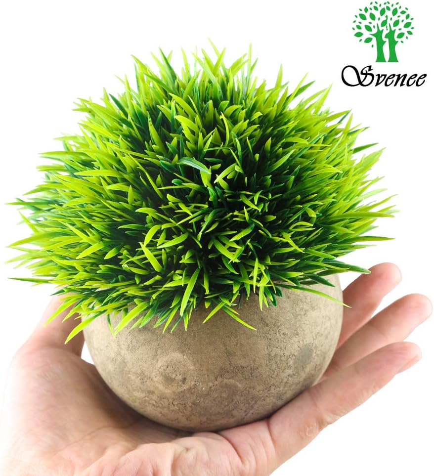 Mini Artificial Plants, Plastic Fake Green Grass Faux Greenery Topiary Shrubs with Grey Pots for Bathroom Home Office Décor, House Decorations (2)
