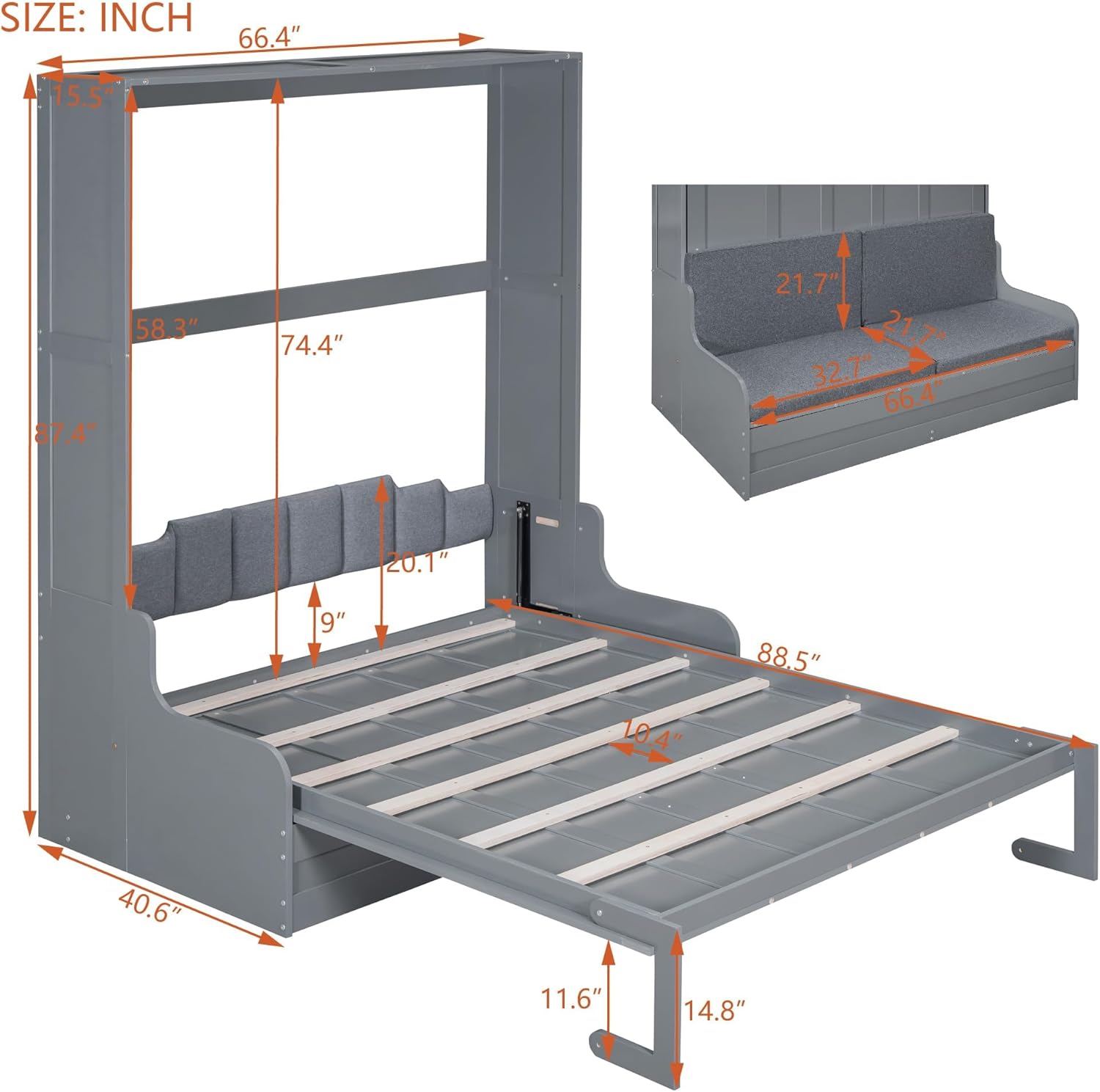 MERITLINE Queen Murphy Bed with Sofa,Wood Folding Murphy Wall Bed Cabinet with Couch (Grey)