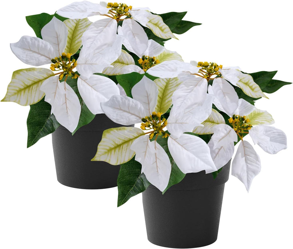 Poinsettias Artificial Christmas Flowers Tabletop 2 Pack Small Poinsettia Plant Artificial 9 Inch Faux Winter Flowers for Xmas Ornament Porch Home Garden Decorations(Cream)