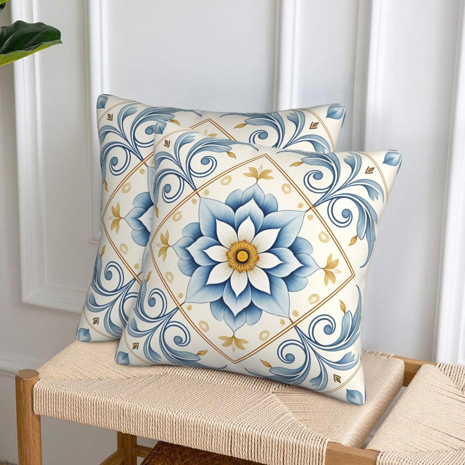 Mediterranean Blue Floral Throw Pillow Covers Set of 2 Ultra-Soft All-Season Pillow Shams with Hidden Zipper,Durable for Sofa Bed Car Decor & Gift Luxury 18x18IN