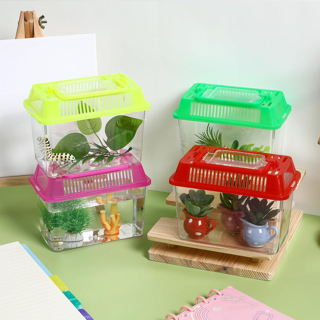 VANZACK Small 4pcs Portable Reptile Tank Plastic Turtle Box with Lid Handle Clear Terrarium Hamster Habitat for Fish Snakes Aquarium
