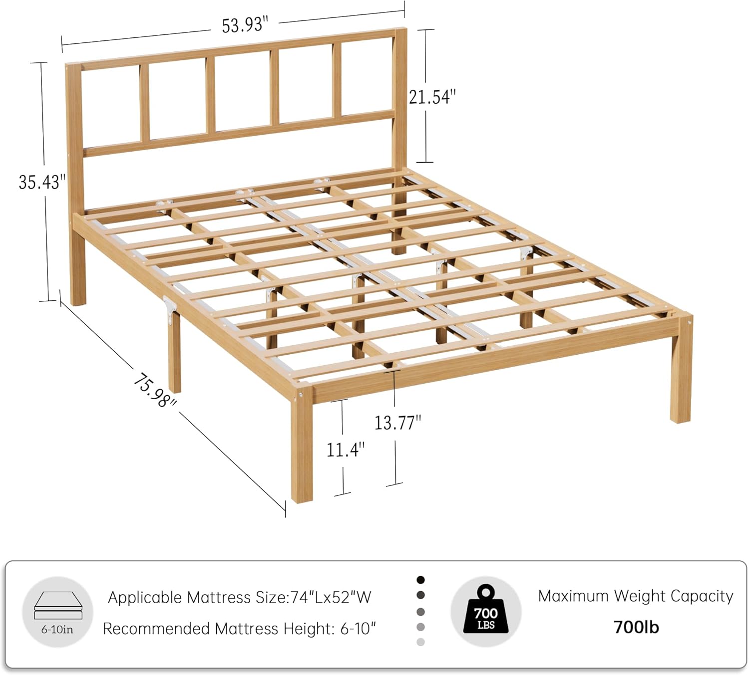 14 Inch Bamboo Bed Frame – Solid Wood Platform Bed Frame, Strong and Stable, with Non-Slip Slats for Support, No Box Spring Needed, Easy to Assemble, Noise-Free (Natural with Headboard, Full)