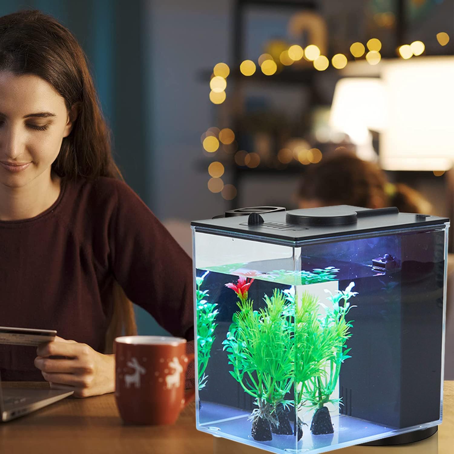 Mini Fish Tank Betta Aquarium Starter Kits Multifunctional Desktop with Switch Button LED Aquarium Kit White, 1 Gallon（Black）
