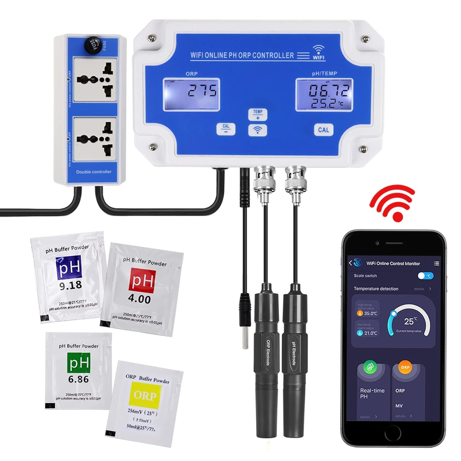 Smart pH ORP Controller Aquarium pH Monitor Wi-Fi for pH/ORP/Temp Measurements in Water w/Calibration, 3 in 1 Nutrient System Dual-Plug Fit with CO2 Bottle & O3 Generator for Hydroponics Plants