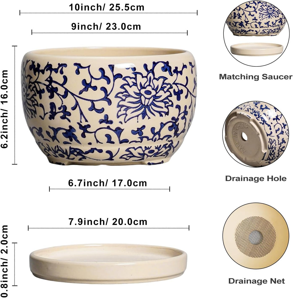 SQOWL 10 Inch Plant Pot Indoor - Ceramic Planter with Drainage Hole and Tray, Large Ceramic Flower Pots Outdoor, Porcelain Decorative Round Planter, Room Decor, Gifts for Plant Lovers, Blue and Beige