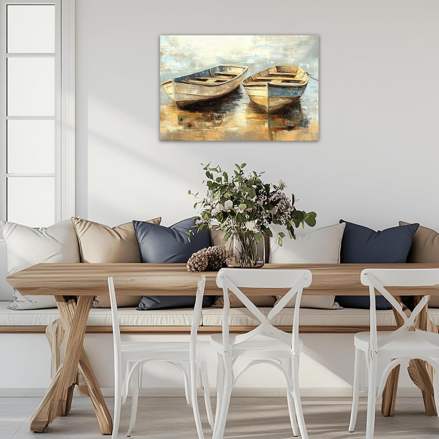 GLOKAKA Rustic Beach Boat Canvas Wall Art Retro Ship Poster Coastal Landscape Painting Prints Abstract Ocean Theme Artwork for Bathroom Bedroom Farmhouse