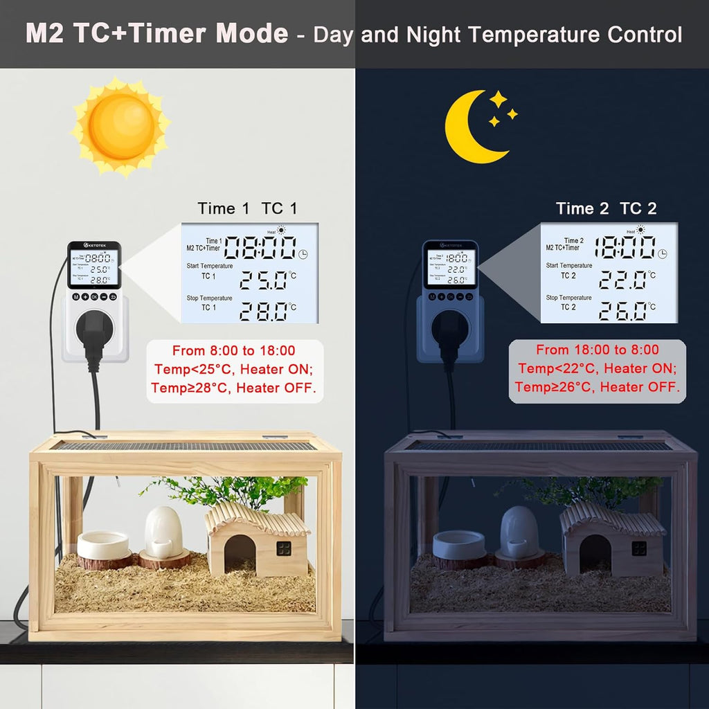 KETOTEK Plug in Thermostat Timer Temperature Controller Outlet with Backlight, Day/Night Thermostat Outlet Plug with Sensor for Reptile Terrarium Greenhouse, Digital Heating Cooling Temperature Switch