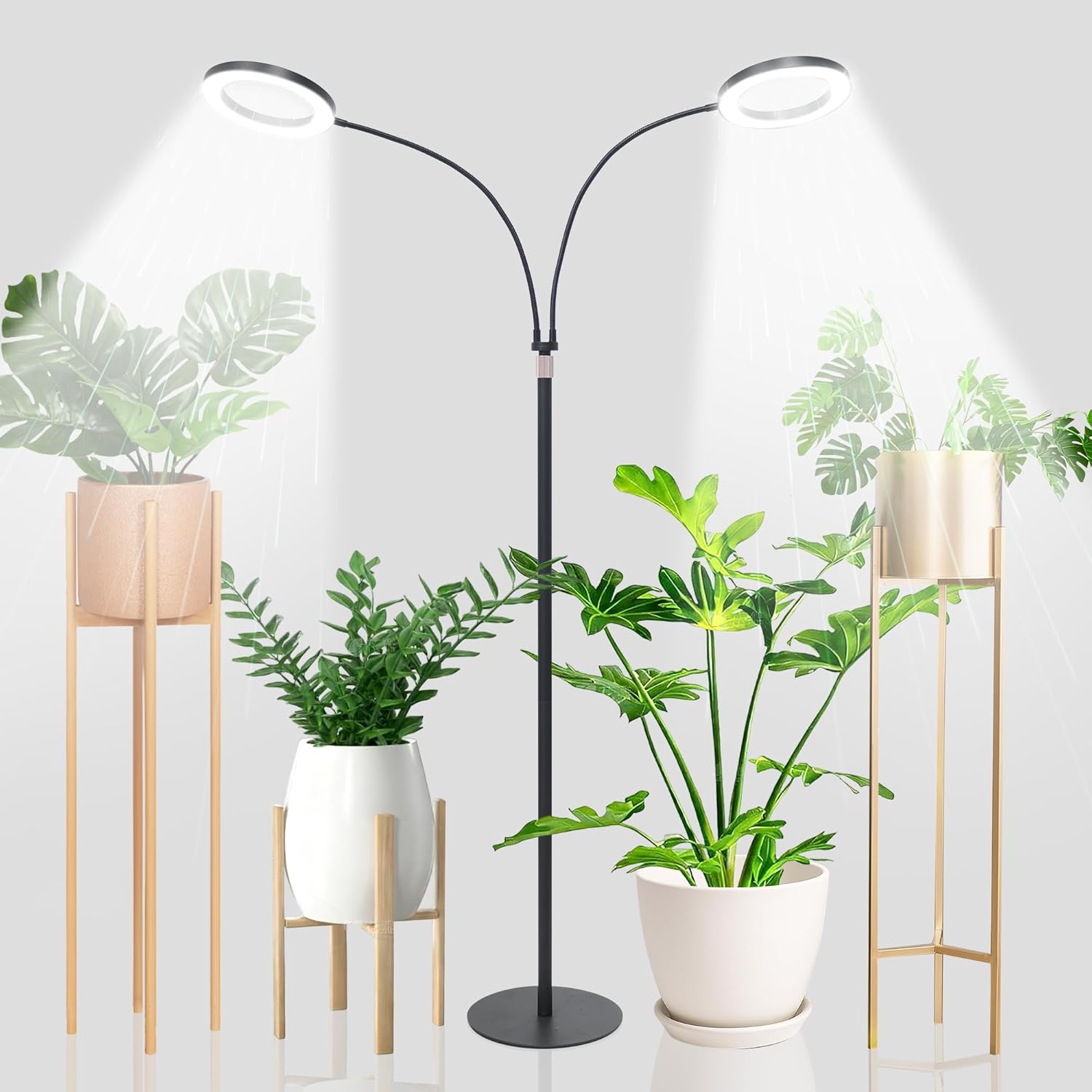 Quibbay Grow Lights for Indoor Plants,Double Head Full Spectrum LED Plant Light with Stand,6 Dimmable Levels & 3 Lighting Modes, Auto On Off Timer 3/9/12H, 38-67 inches Adjustable Height, Black