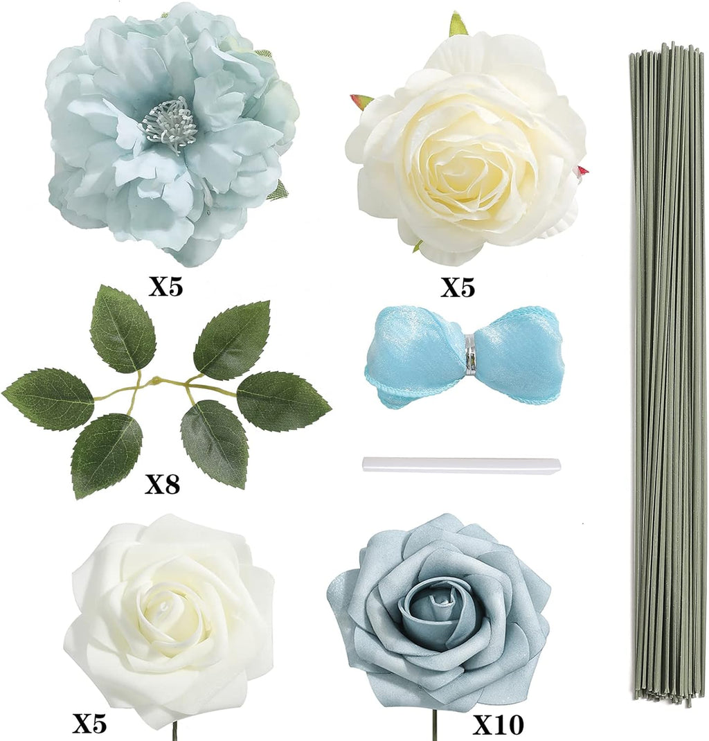 Artificial Flowers Combo Box Set Gradient Color Flower Leaf with Stems for DIY Wedding Bouquets Centerpieces Baby Shower Party Home Decor (Blue & White)