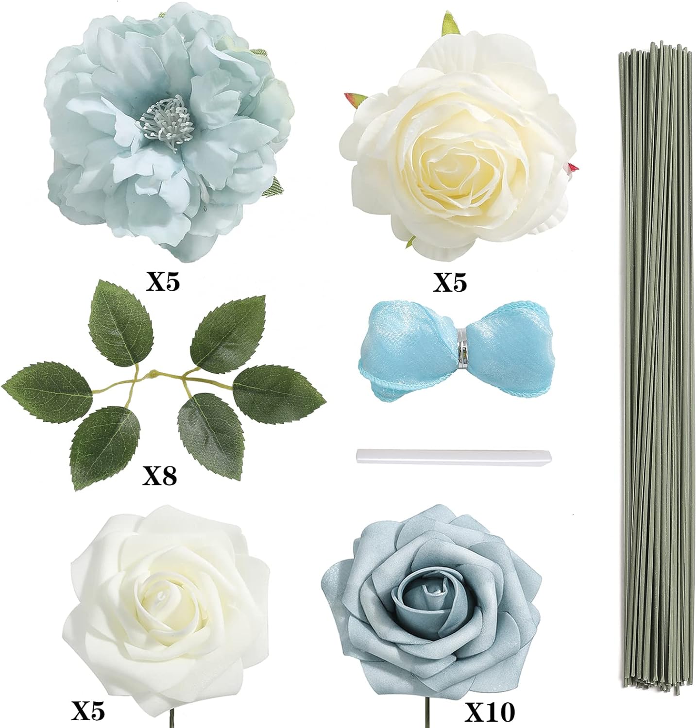 Artificial Flowers Combo Box Set Gradient Color Flower Leaf with Stems for DIY Wedding Bouquets Centerpieces Baby Shower Party Home Decor (Blue & White)